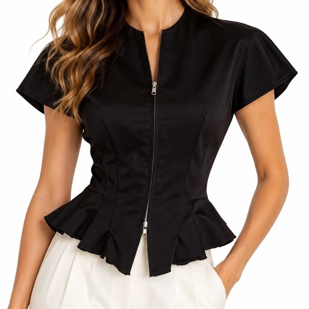 STAUD Maelle Peplum Top Black Wool Silk Zip Front Sample Size S $395